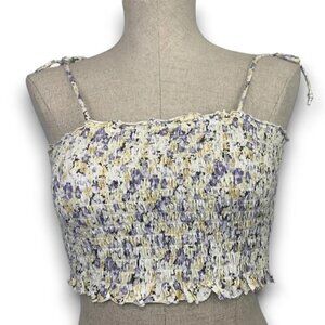 Wild Fable Crop Smocked Top - Yellow/White/Purple, Size Medium